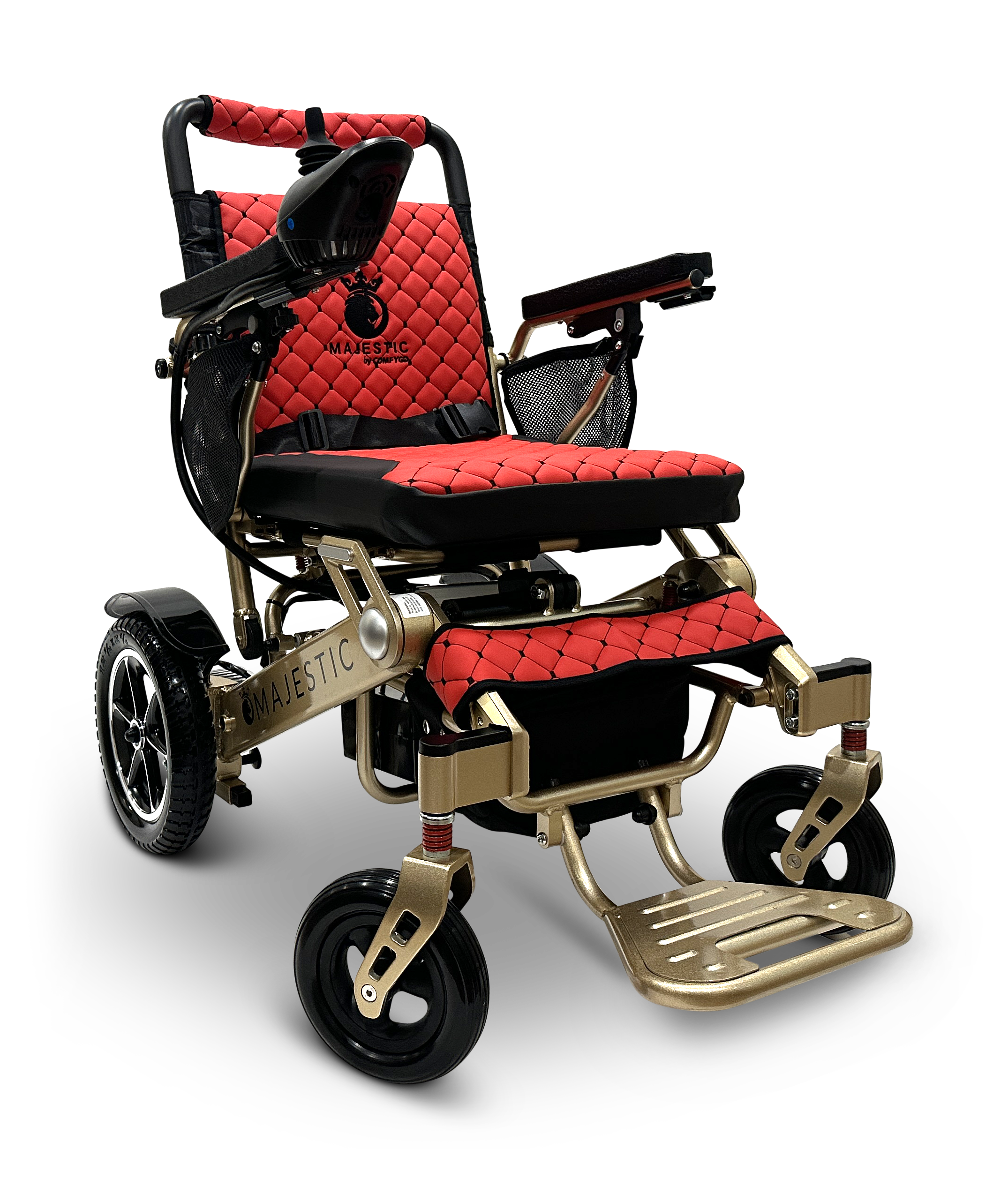 The MAJESTIC IQ-7000 Auto Folding Remote Controlled Electric Wheelchair features a red and black quilted design, sturdy frame with armrests containing a 360-degree joystick for easy navigation, and four wheels for smooth mobility. The Majestic branding is visible on the side and backrest.